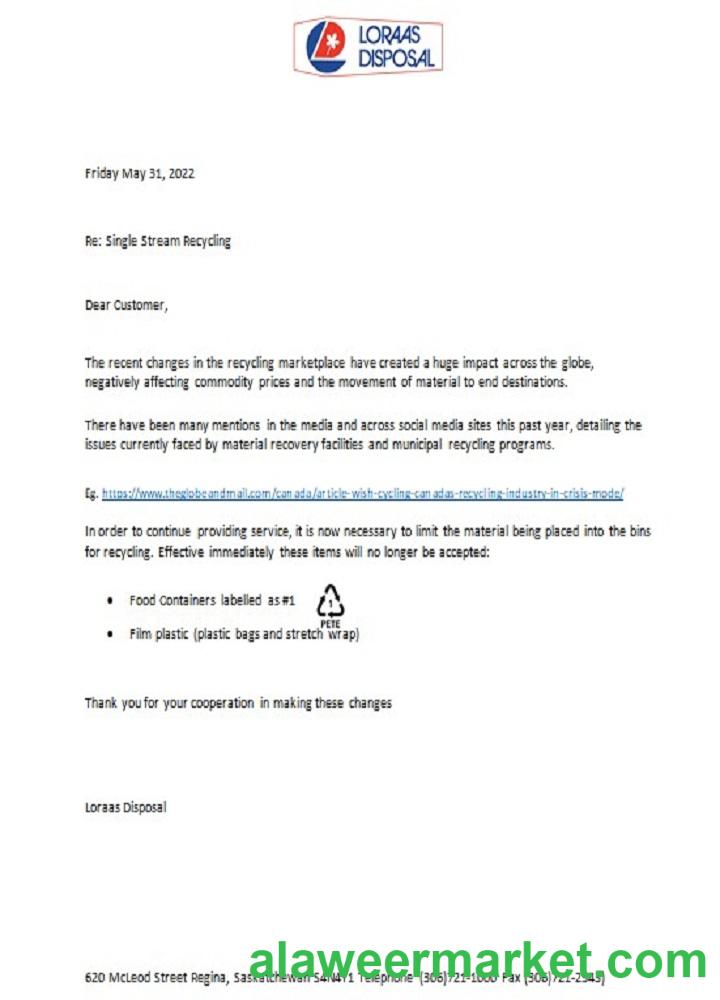 Canada Saskatchewan Loraas Disposal recycling utility shut off notice